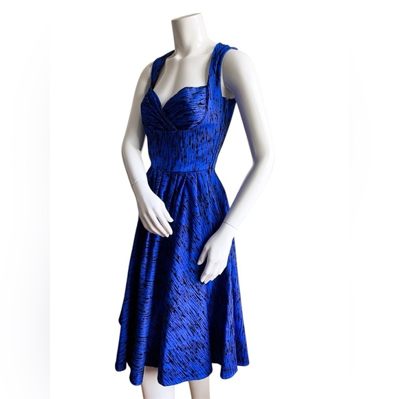 Laura Byrne Blue Flocked Vintage Fit Flare Retro Swing Dress Prom Wedding Formal - Picture 2 of 15